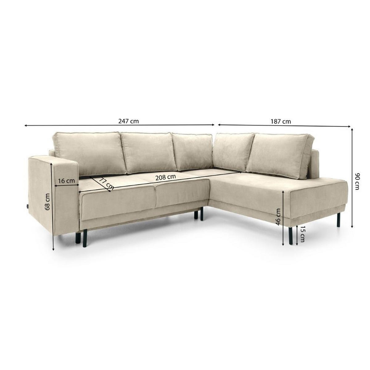 ECKSOFA Rodario Beige Velours - Beige/Schwarz, Textil/Metall (247/187cm) - Selsey