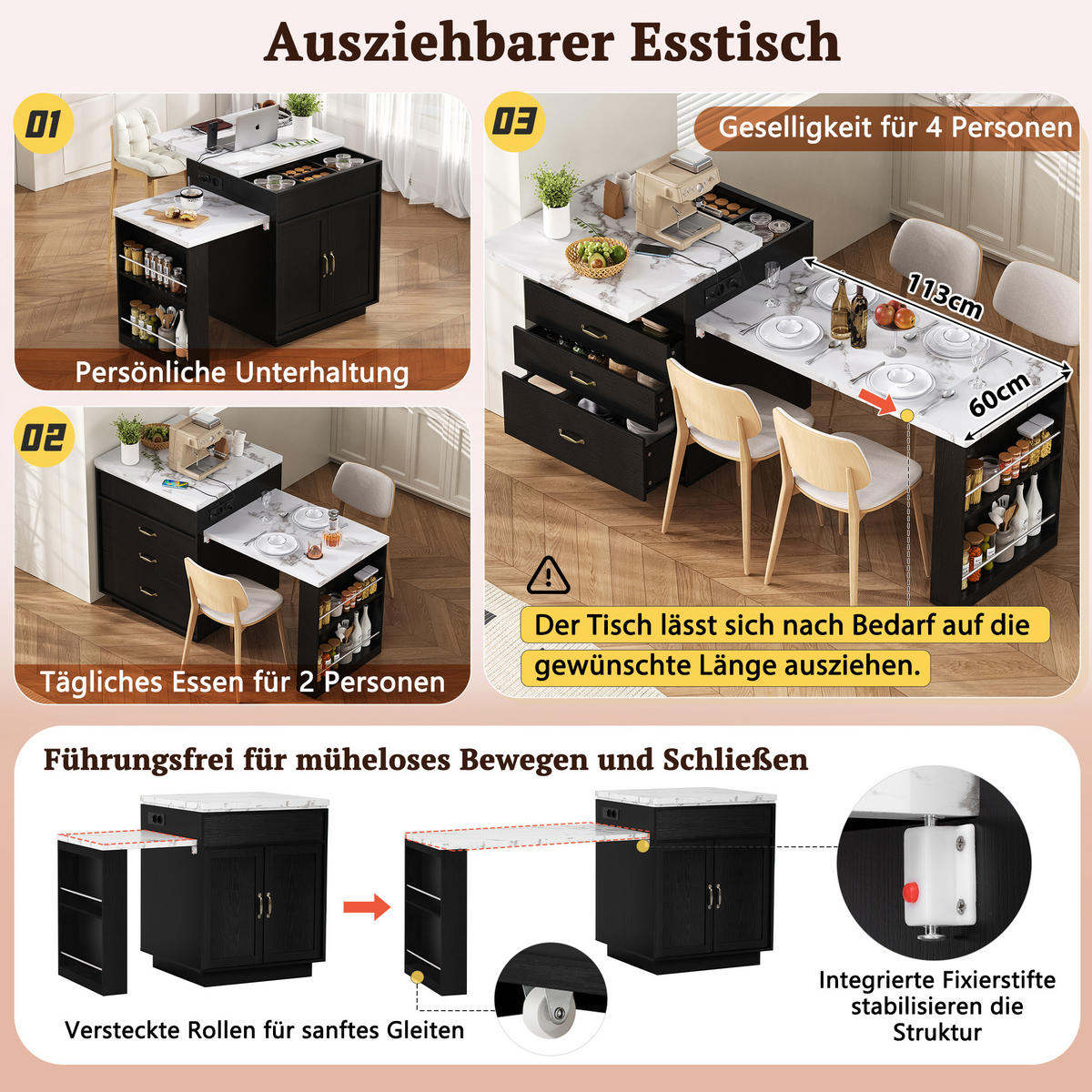 KÜCHENINSEL 125,5x71x93cm Kücheninsel Ausziehbarer Esstisch mit Rollen und LED - Schwarz, Holz (71/93/125.5cm) - Raelunyi