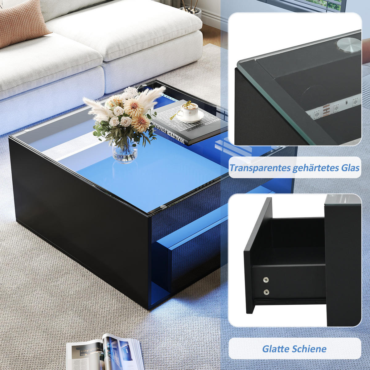 COUCHTISCH DE-083 LED-Glas Schwarz - Schwarz, Holzwerkstoff (70/70/35cm) - ComfortXL