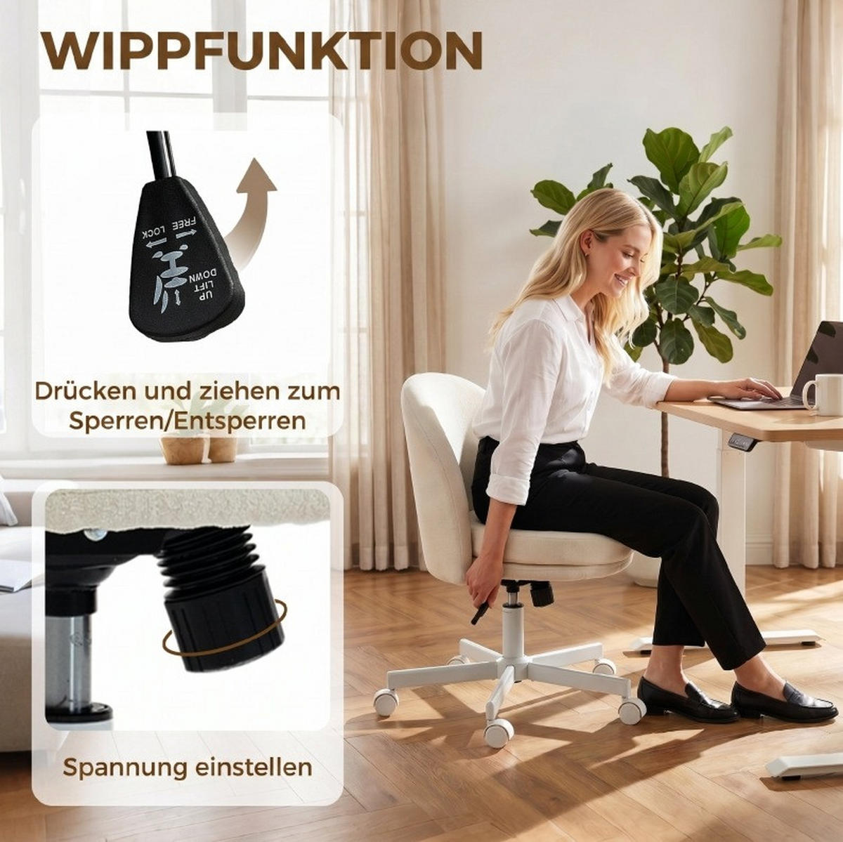 DREHSTUHL 57/58/83 cm Creme aus Metall mit Wippfunktion - Creme, Metall (58/83/57cm) - OKWISH