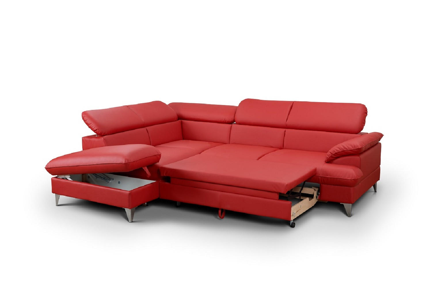 ECKSOFA mit Schlaffunktion und Bettkasten, verstellbare Kopfstützen - Chromfarben/Rot, Textil/Metall (256/208cm) - Cotta