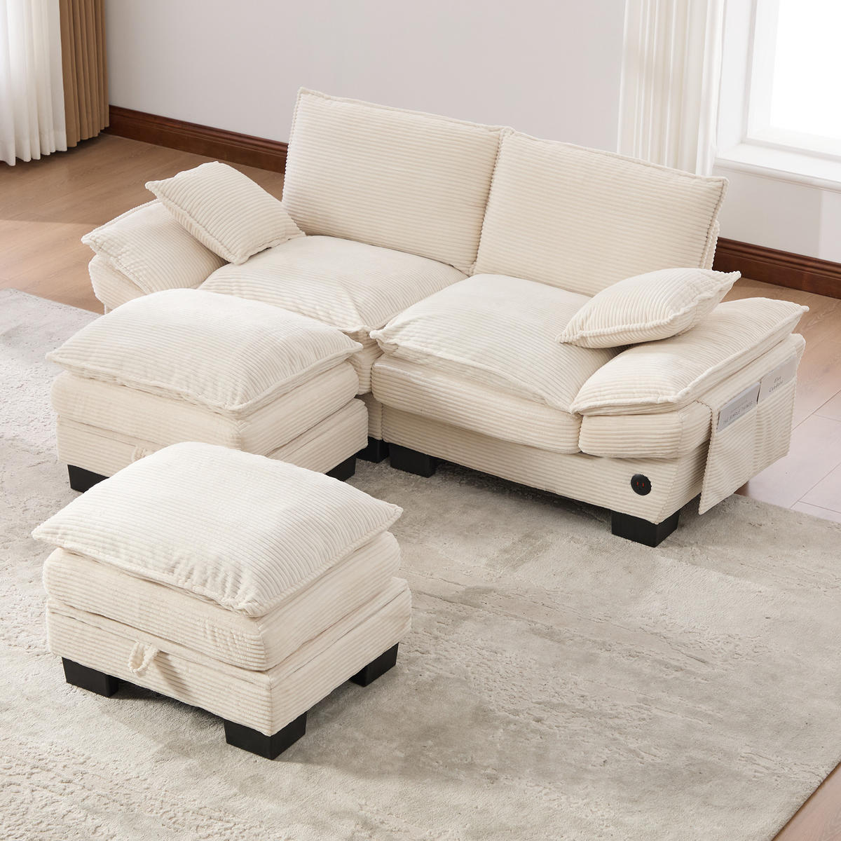 2-SITZER SOFA Cord Beige mit USB-C und Seitentaschen - Beige, Holzwerkstoff/Kunststoff (190/84/132cm) - WISHDOR