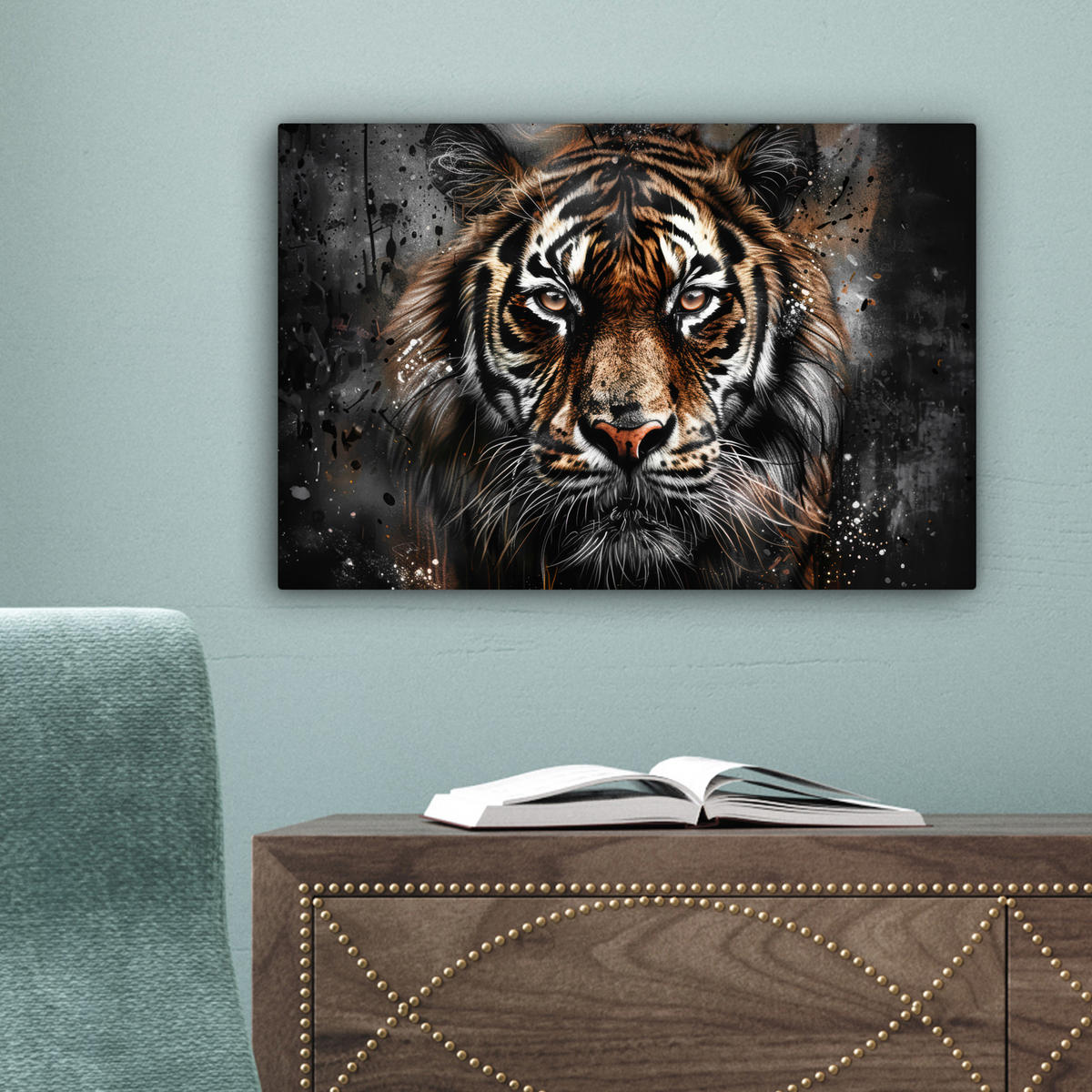 LEINWANDBILD Tiger - Tiere - Porträt - Luxus - Schwarz 30x20 cm - Anthrazit, Textil (30/20cm) - MuchoWow