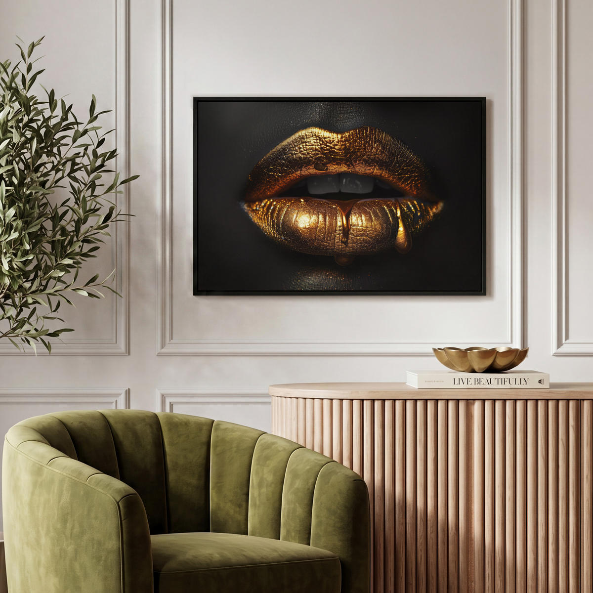 LEINWAND Bilder mit Rahmen - Frau - Porträt - Lippen - Gold - Schwarz - 60x40 - Schwarz, Textil (60/40cm) - MuchoWow