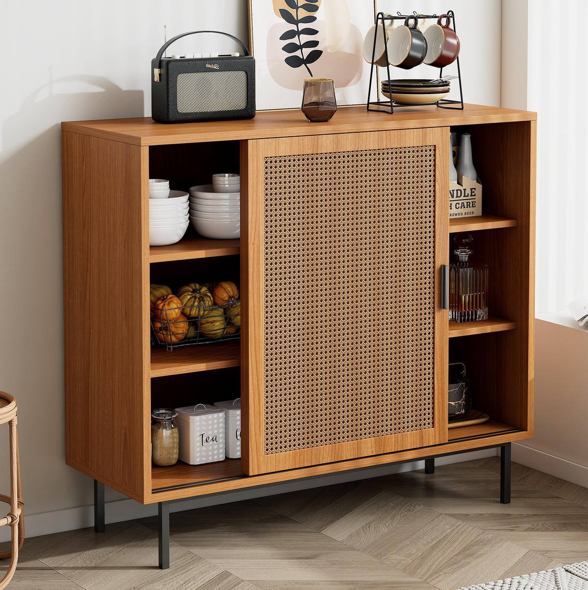SIDEBOARD 100/37/90 cm in Walnuss mit 2 Schiebetüren und Rattan-Optik - Walnussfarben, Holzwerkstoff (100/90/37cm) - Flora Grace