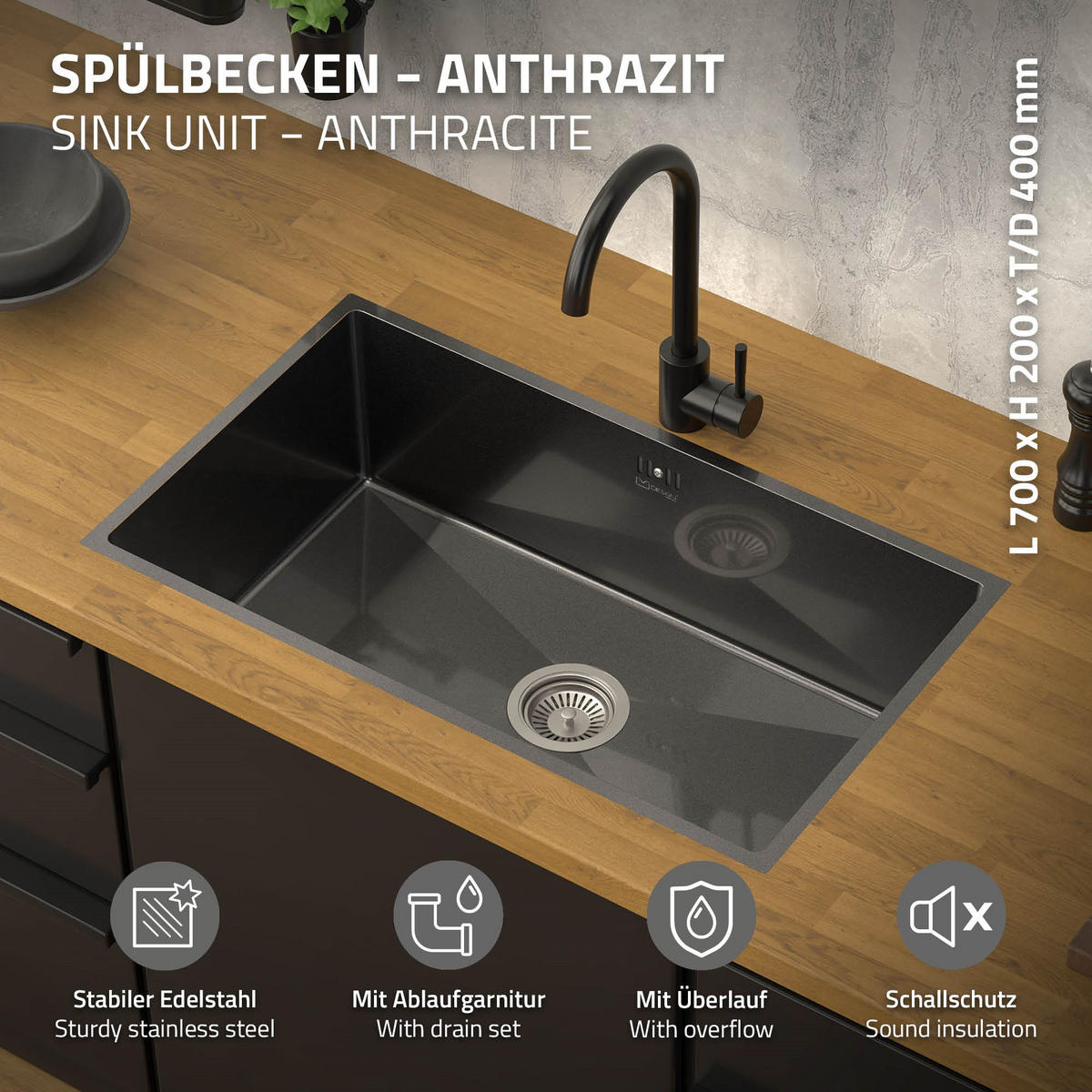 SPÜLBECKEN Edelstahl 70/40cm Anthrazit - Anthrazit, Metall (40/20/70cm) - ML-DESIGN
