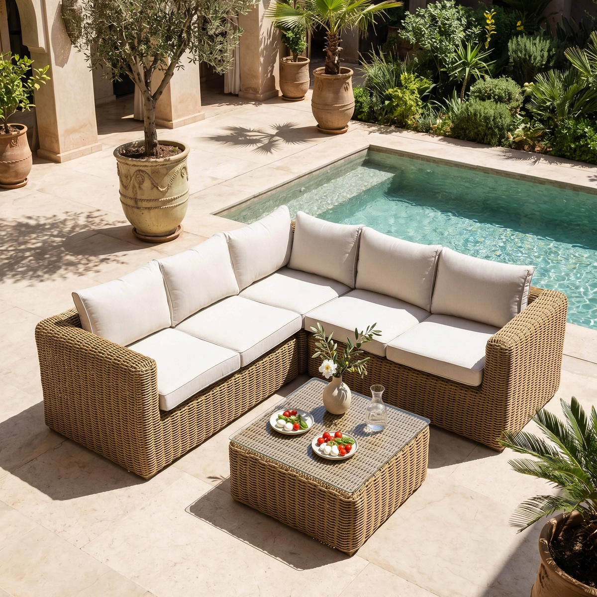 GARTEN-LOUNGEGARNITUR 6-Sitzer, Weiß - Weiß, Naturmaterialien - Oviala