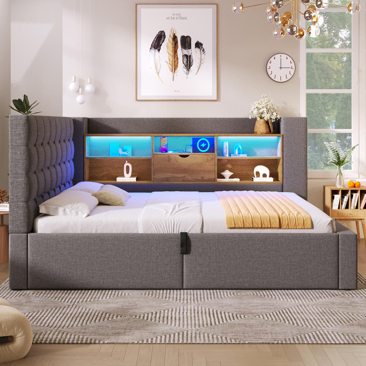 POLSTERBETT 140/200 cm in Grau Leinen mit Bettkasten, LED, USB und Type-C - Grau, Holzwerkstoff/Textil (140/200cm) - WISHDOR
