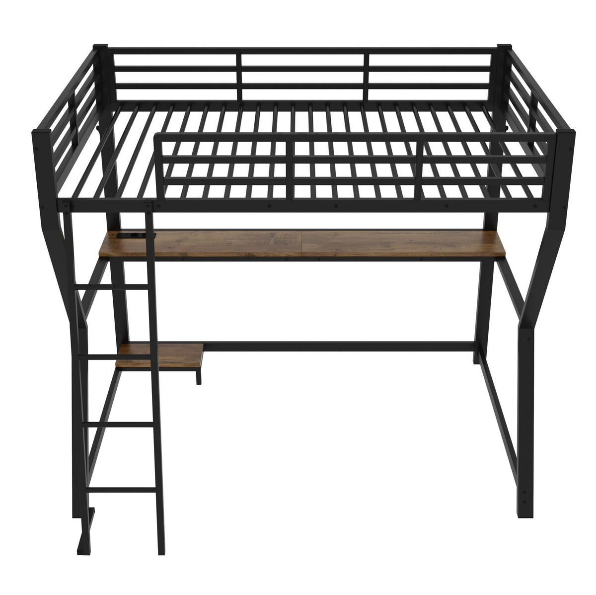 HOCHBETT 90/200 cm mit LED-Beleuchtung, Schreibtisch, Steckdose, USB und Treppe, Schwarz - Schwarz, Metall (90/200cm) - Redom