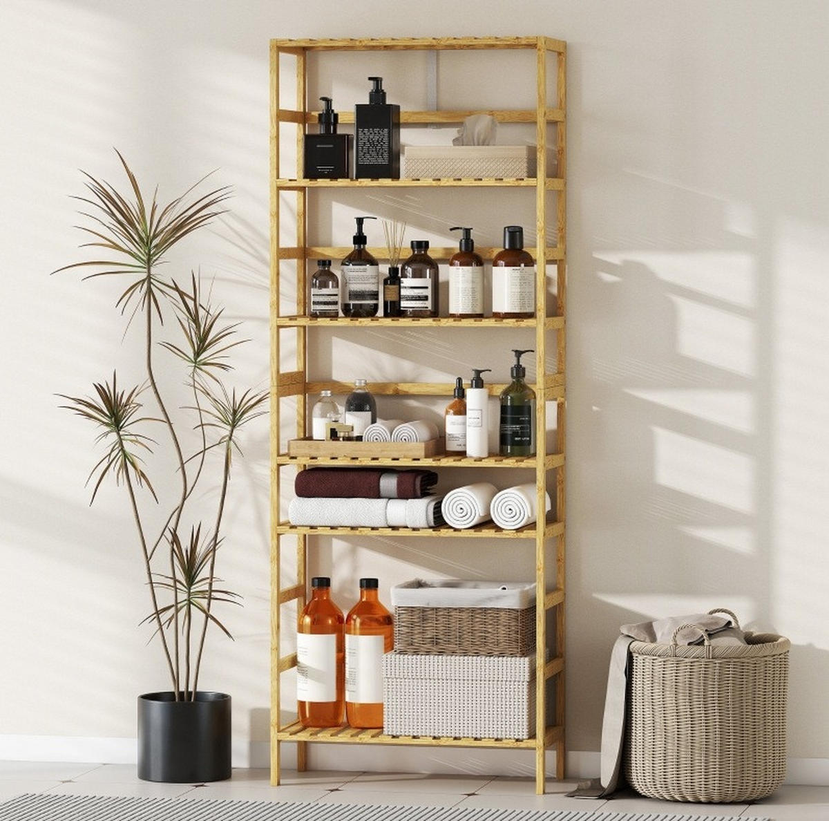 STANDREGAL 60/26/161 cm mit 6 Ebenen, verstellbaren Böden und Kippschutz, Bambus Natur - Naturfarben, Naturmaterialien (60/161/26cm) - Redom