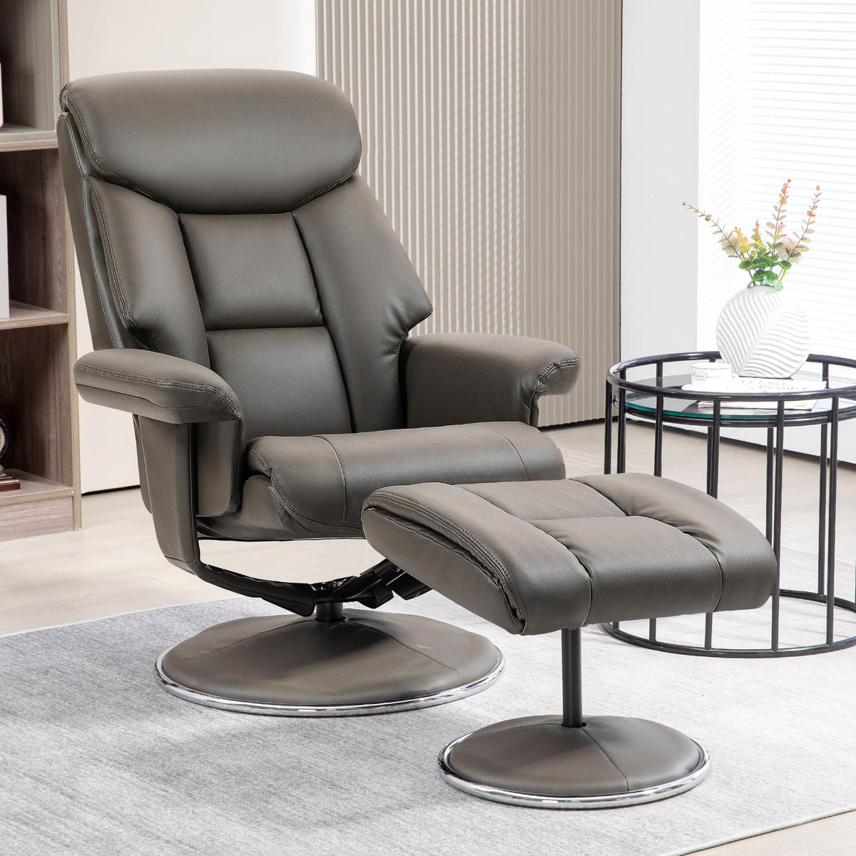 RELAXSESSEL mit Hocker, Fernsehsessel mit Liegefunktion, Wippfunktion Grau - Schwarz/Grau, Leder/Kunststoff (95/107/81cm) - HOMCOM