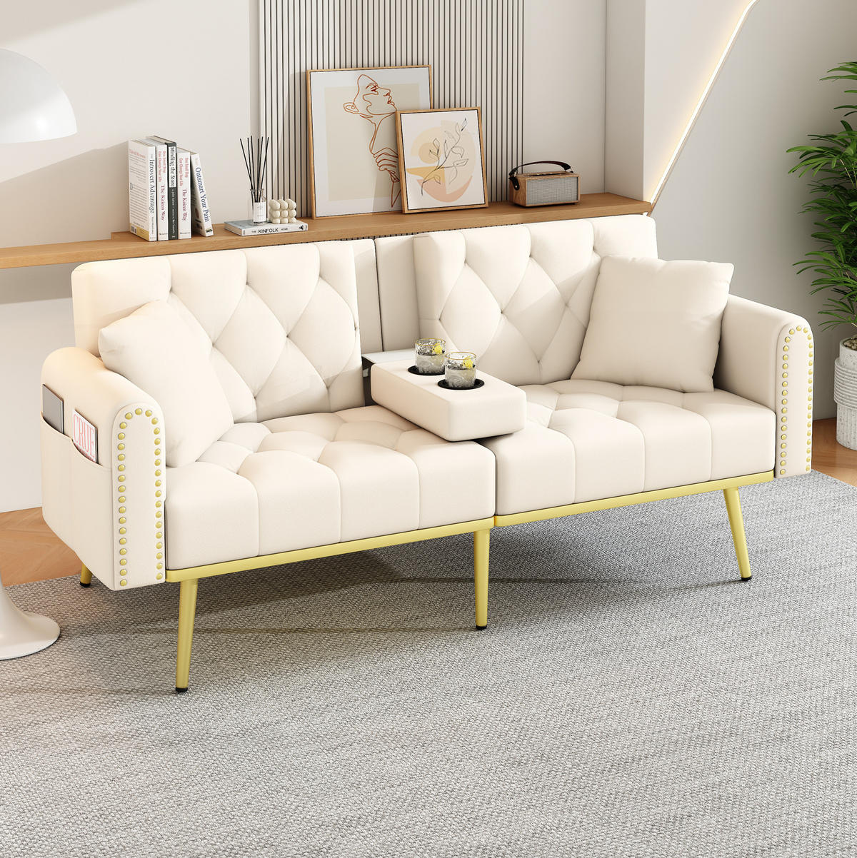 SCHLAFSOFA aus Samt 175x80x73,5 cm in Beige mit Liegefunktion & Getränkehalter - Beige, Textil (175/73.5/80cm) - Modfu