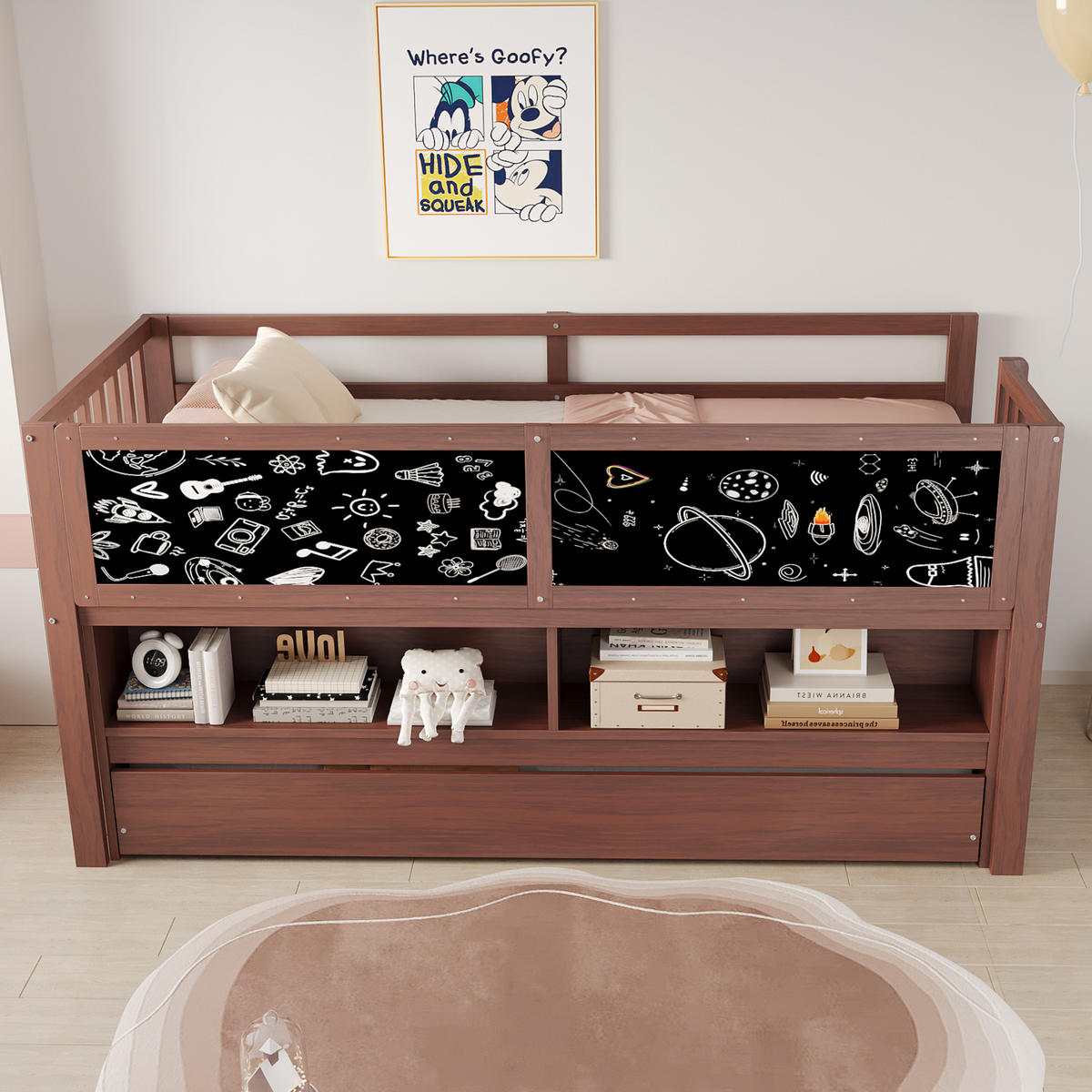 KINDERBETT 90/200 cm braun Multifunktionales Hochbett mit Kletterleiter und Graffiti-Tafel - Braun, Holz (90/200cm) - OKWISH