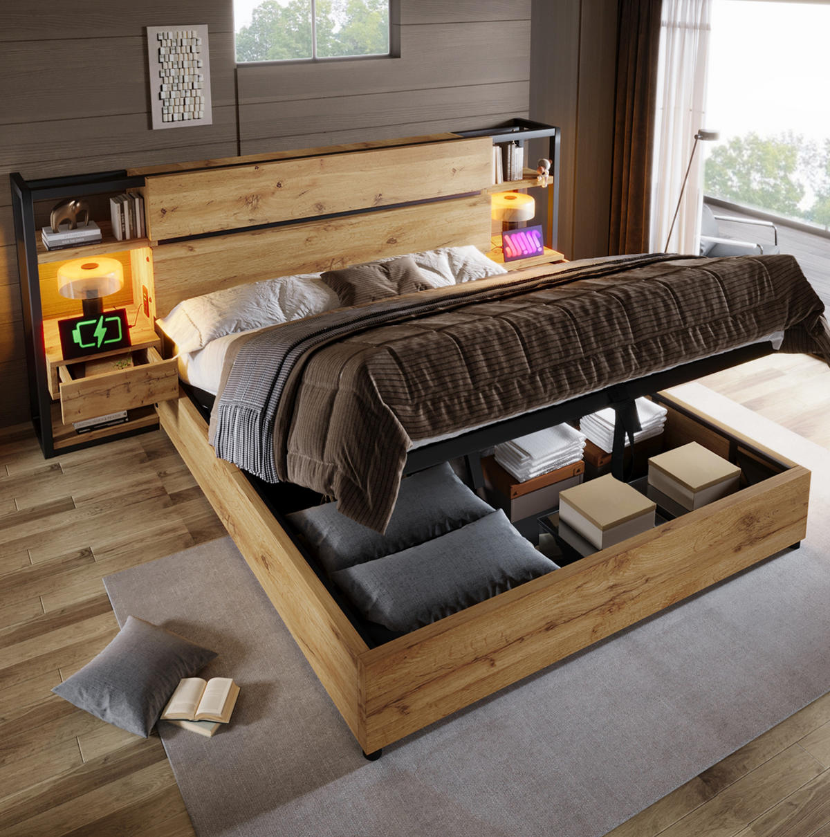 POLSTERBETT 180/200 cm Eiche aus MDF und Metall mit Stauraum und Ladestation - Eichefarben, Holzwerkstoff (180/200cm) - OKMYHOME