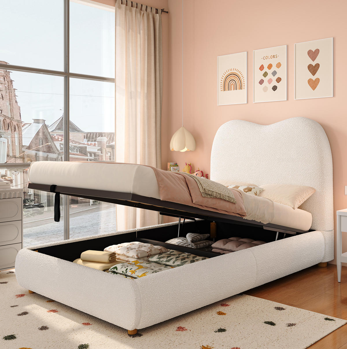 KINDERBETT 90/200 cm aus Bouclé mit Stauraum und Lattenrost Beige - Beige, Textil (90/200cm) - Modenvie