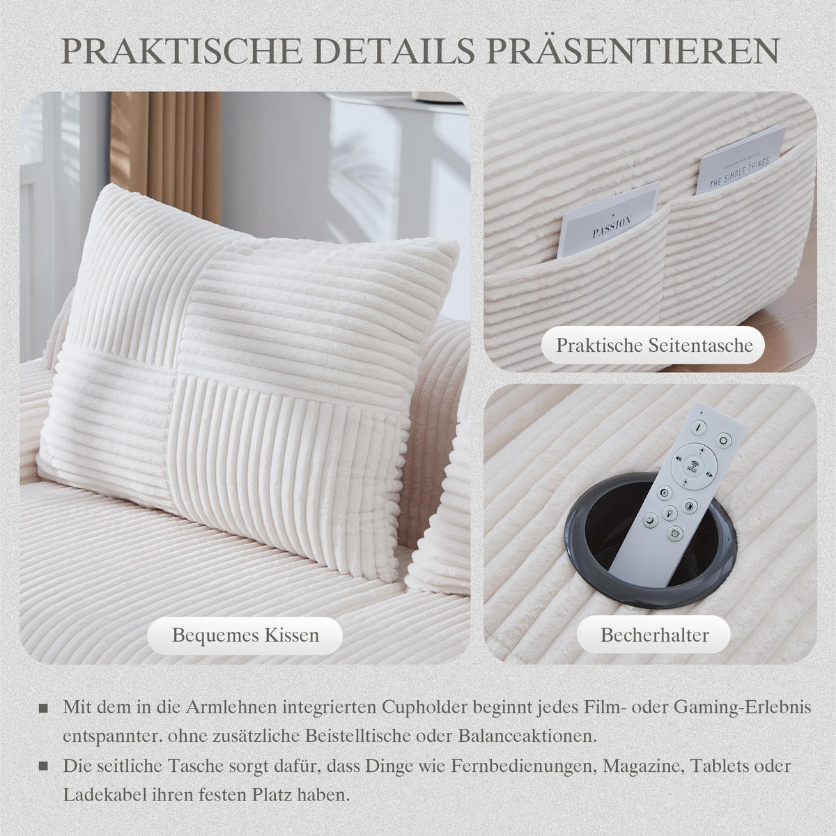 3-SITZER Wohnlandschaft Cord mit 2 Hockern Getränkehalter und Seitentasche 268/174/80 cm Beige - Beige, Textil (174/80/268cm) - Redom