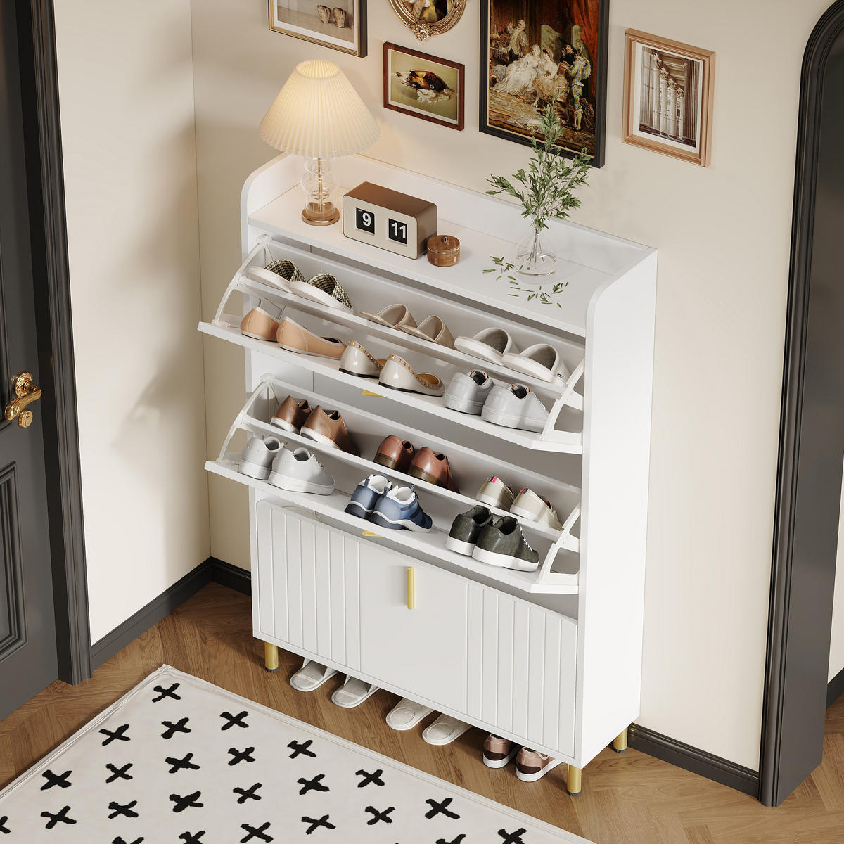 SCHUHSCHRANK Weiß 3 Klappen 6 Fächer 80x23.5x123.5cm schmal - Weiß, Holzwerkstoff (23.5/123.5/80cm) - FLIEKS