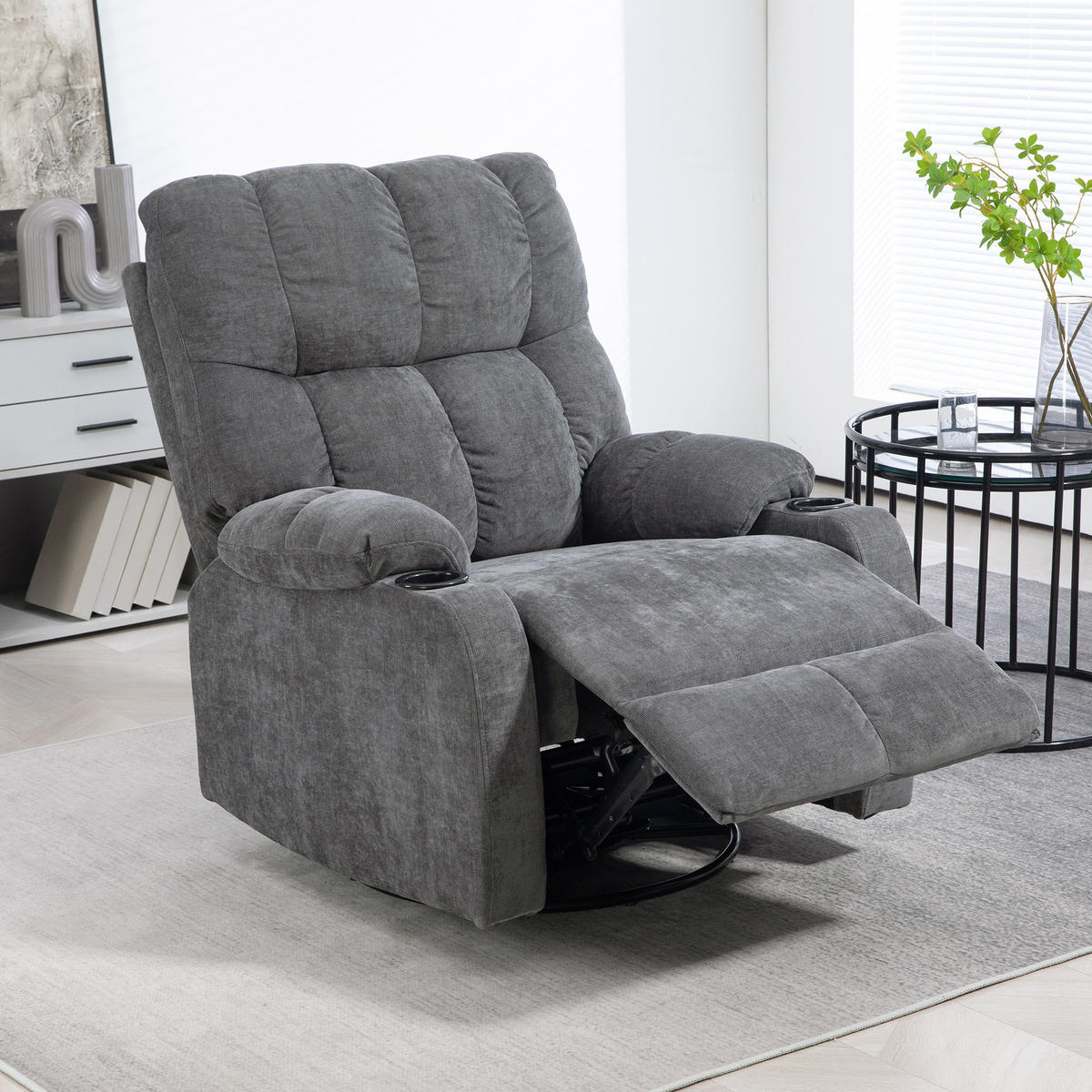 RELAXSESSEL Drehbar Fernsehsessel mit Liegefunktion, Schaukelfunktion Dunkelgrau - Dunkelgrau/Schwarz, Textil/Metall (96/108/88cm) - HOMCOM