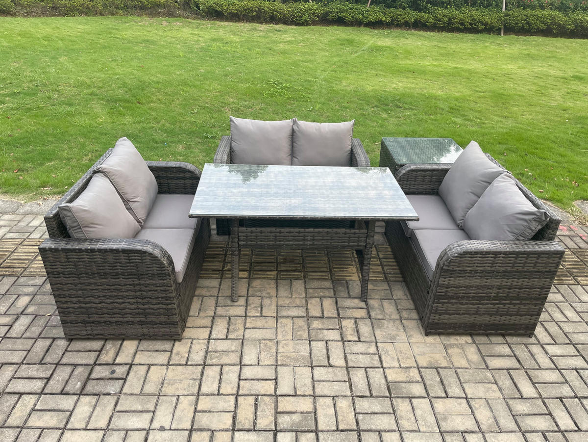 SITZGRUPPE mit Esstisch,Zweisitzer,Hocker Polyrattan 6-Sitzer - Dunkelgrau/Grau, Glas/Kunststoff - Fimous