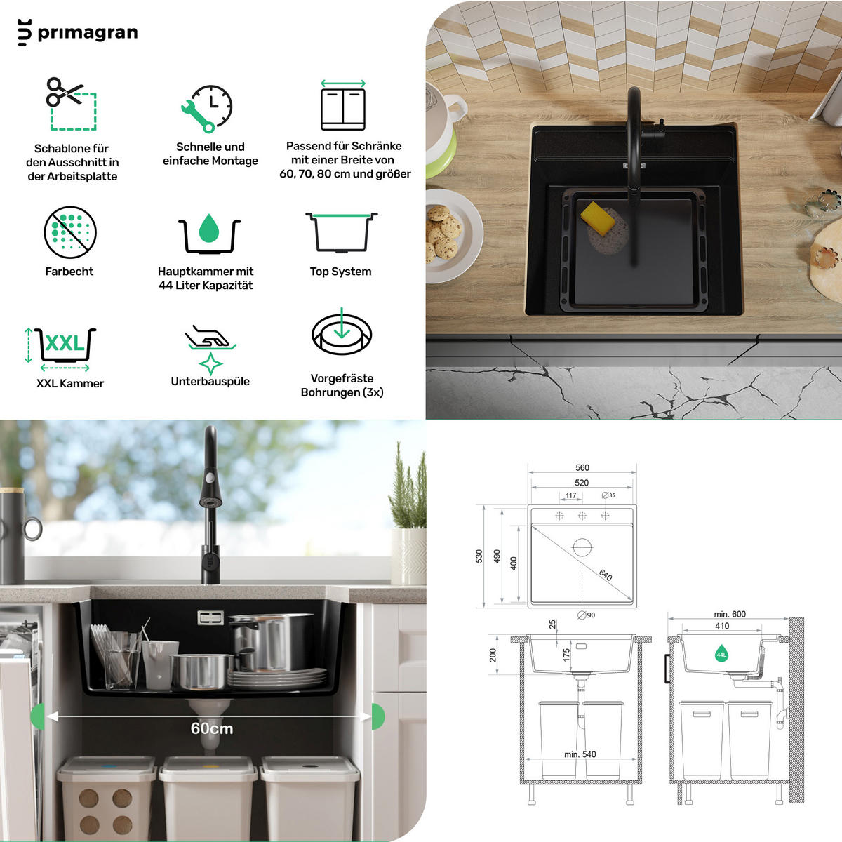 UNTERBAUSPÜLE GRANIT Bergen, 2-er set Weiß 56/53 cm 1 Becken + Küchenarmatur 40/20 cm + Ablauf-Set + Schneidebrett ab 60er Unterschrank - Chromfarben/Beige, Kunststoff (56/20/53cm) - Primagran