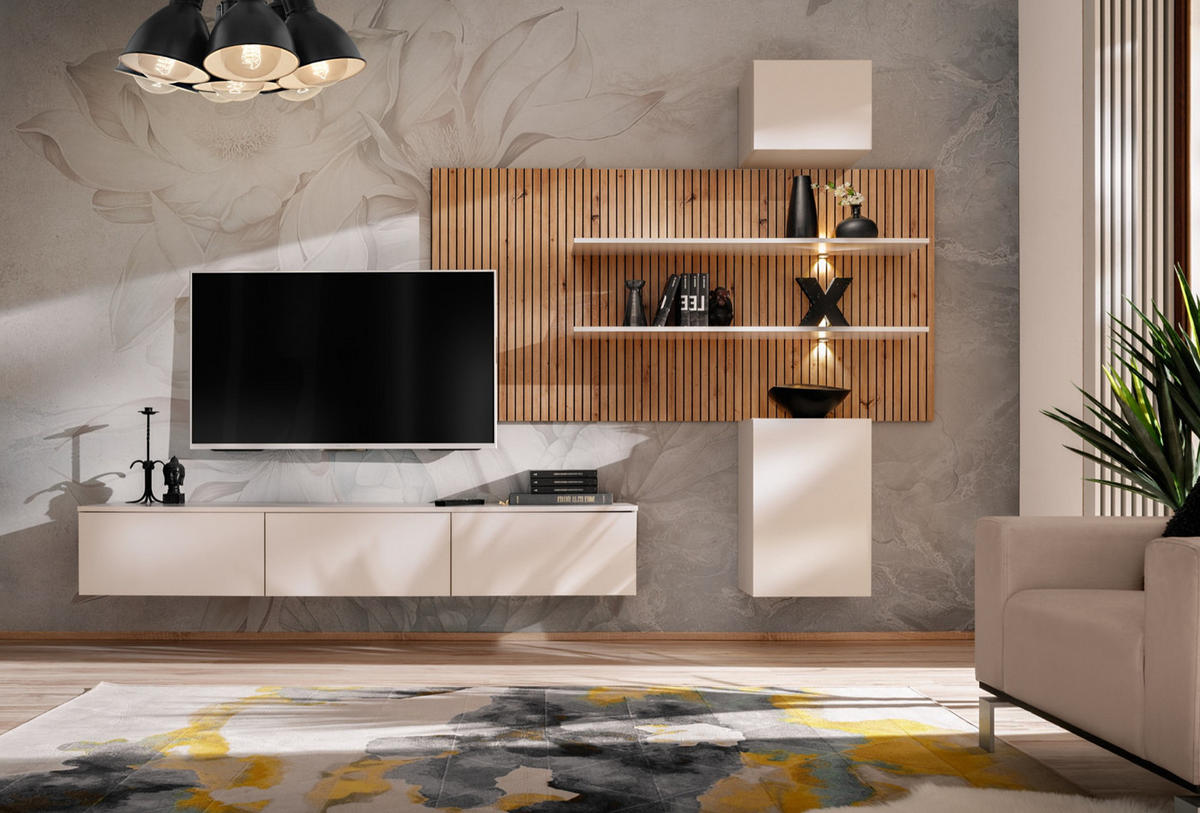 WOHNWAND Sand matt, Eiche Artisan 280 cm, Schrankwand hängend inklusive LED Beleuchtung - Sandfarben/Eiche Artisan, Holzwerkstoff (280/180/45cm) - Furn.Design