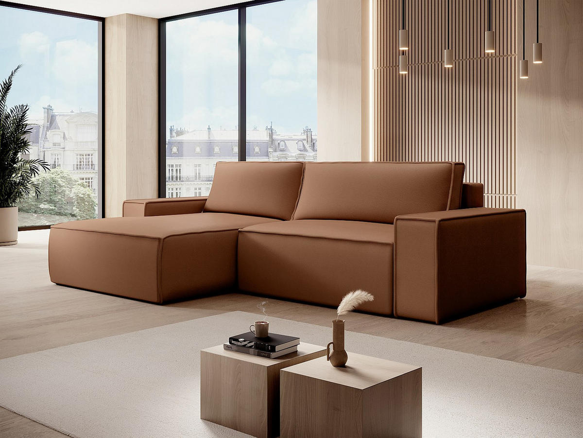 ECKSOFA mit Schlaffunktion - Ecke links - Stoff - Leder-Optik - Braun - AMELIA - Braun, Textil (267/167cm) - Vente-Unique