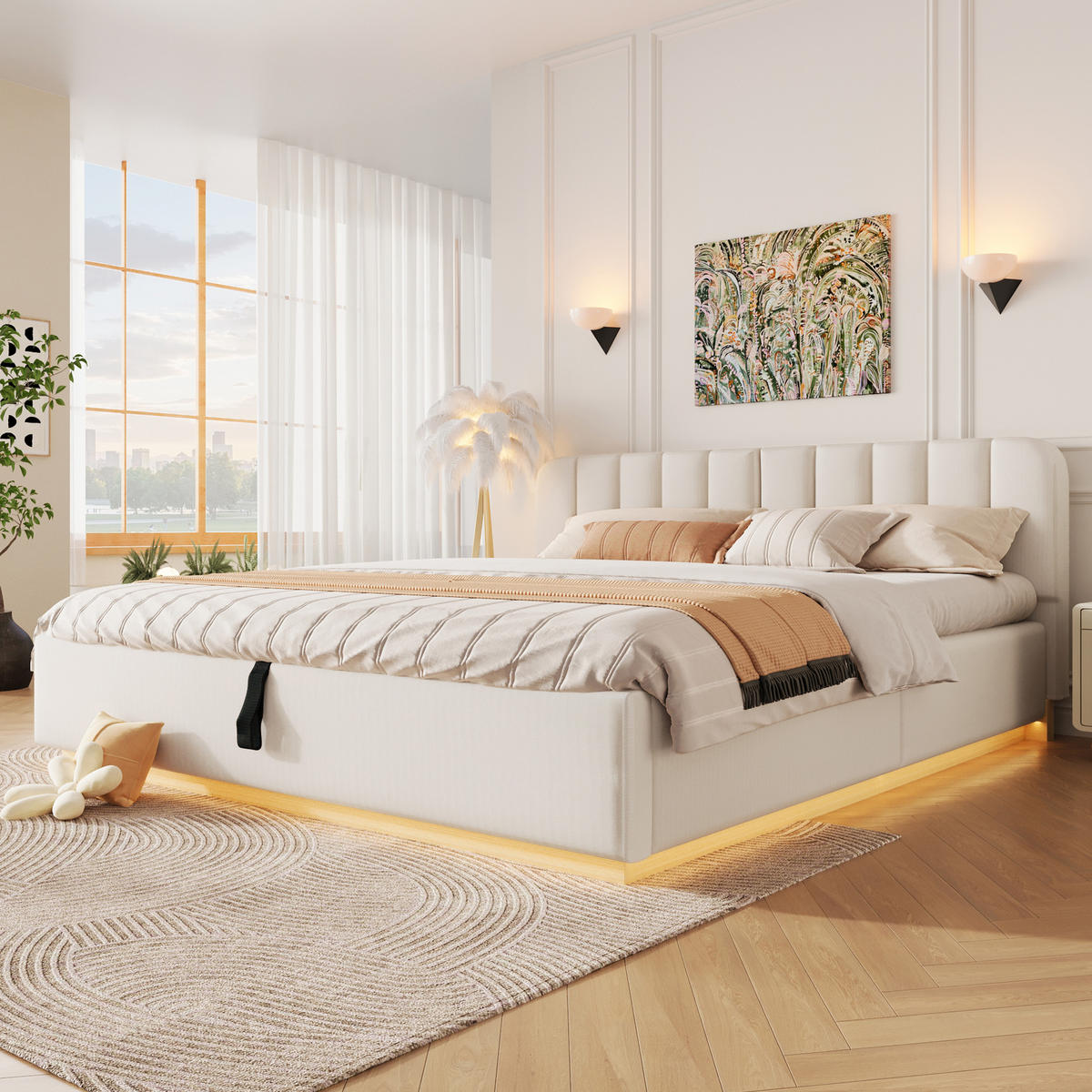 POLSTERBETT 180x200cm Hydraulik LED Chenille Beige - Beige, Holzwerkstoff (180/200cm) - FLIEKS