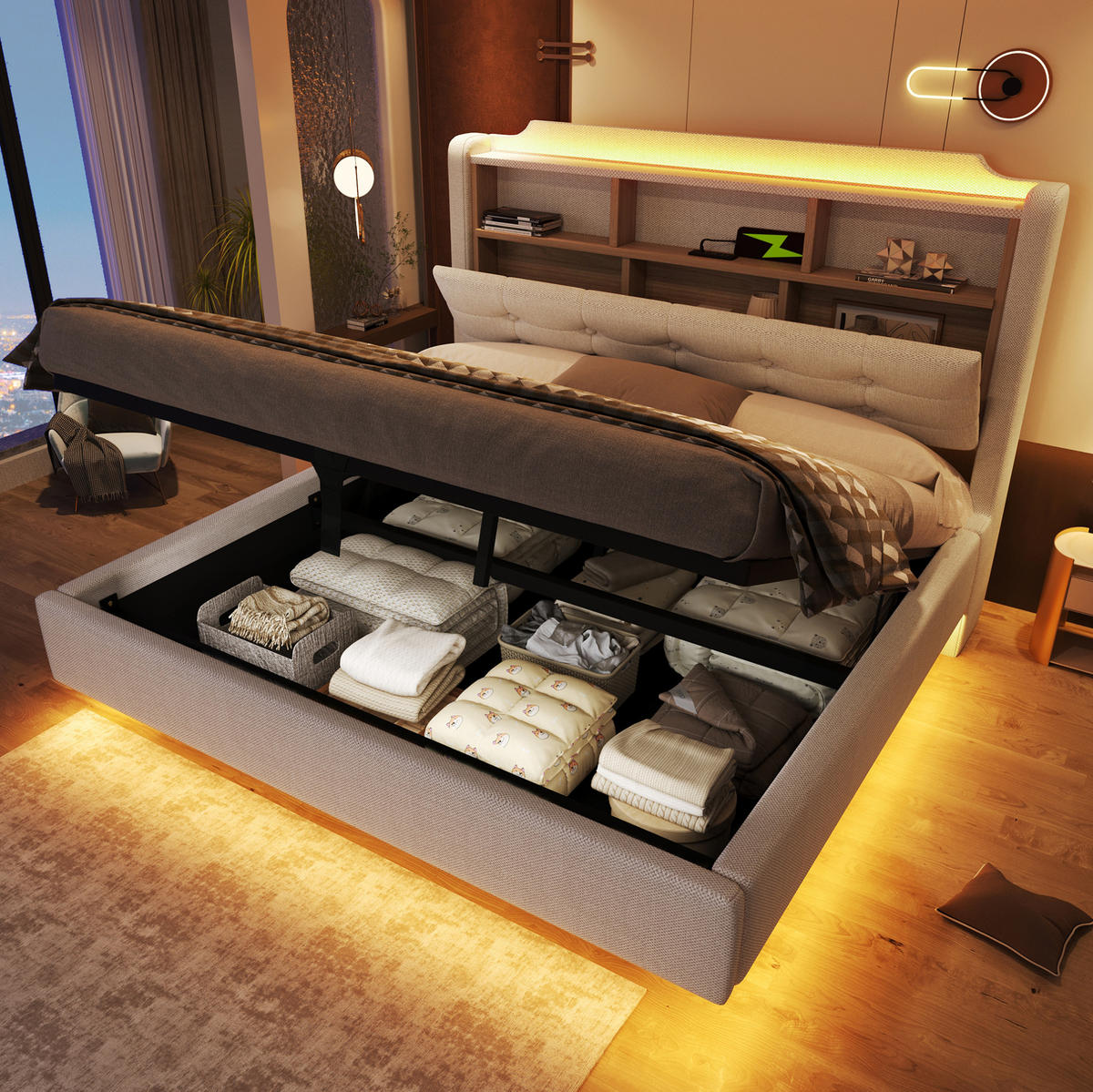 POLSTERBETT 140/200 cm Beige aus Leinen mit LED-Lichtleiste - Beige, Textil (140/200cm) - OKMYHOME