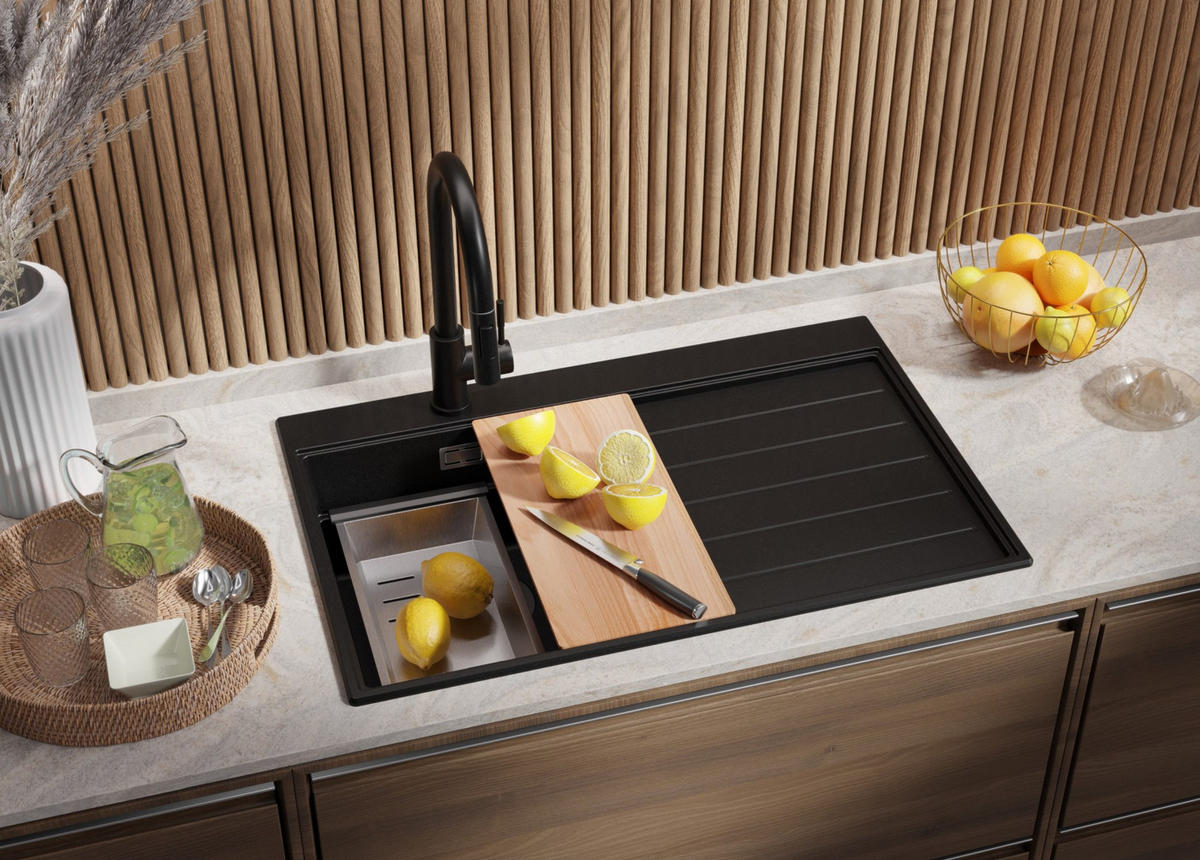 SPÜLBECKEN Sydney, 2-er set Schwarz 78/50 cm 1 Becken + Ablauf-Set + Küchenzubehörset ab 45er Unterschrank - Chromfarben/Beige, Kunststoff (78/20/50cm) - Primagran