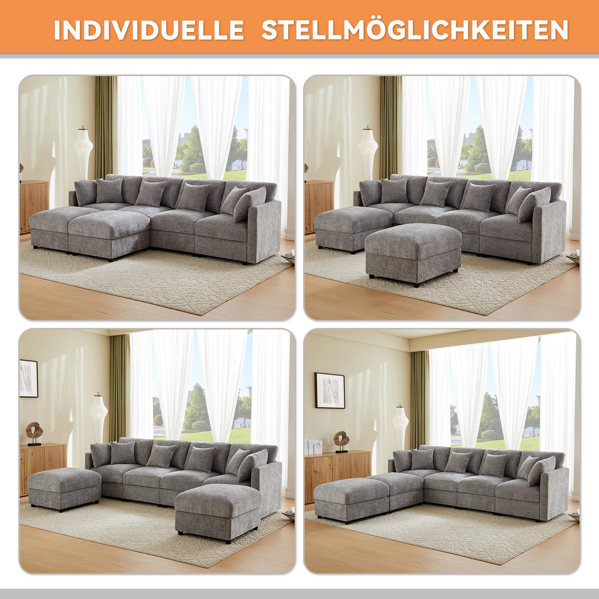 WOHNLANDSCHAFT 284/156.5/86 cm Grau mit 2 Hockern und verstellbaren Armlehnen - Grau, Textil (284/86/156.5cm) - Oxeza