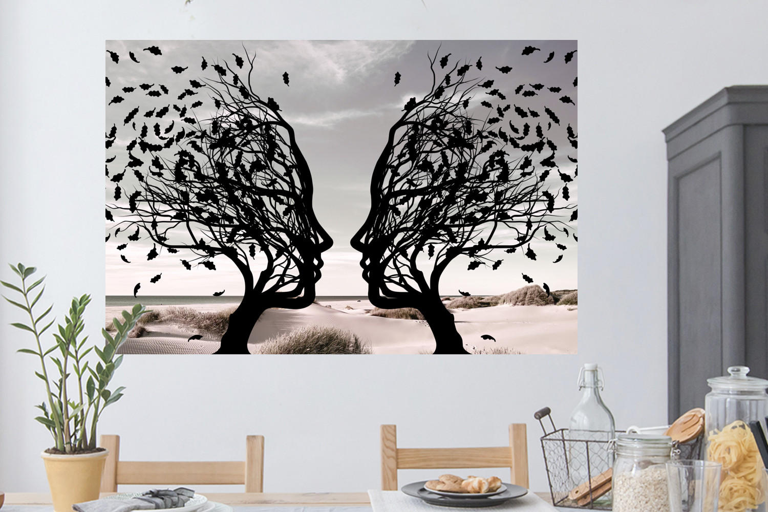 WANDTATTOO Strand - Meer - Menschen - Baum - Moderne Kunst 120x80 cm - Hellgrau, Kunststoff (120/80/0.1cm) - MuchoWow