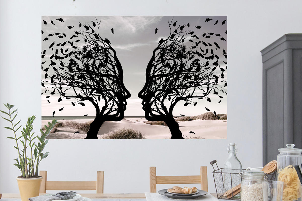 WANDTATTOO Strand - Meer - Menschen - Baum - Moderne Kunst 120x80 cm - Hellgrau, Kunststoff (120/80/0.1cm) - MuchoWow