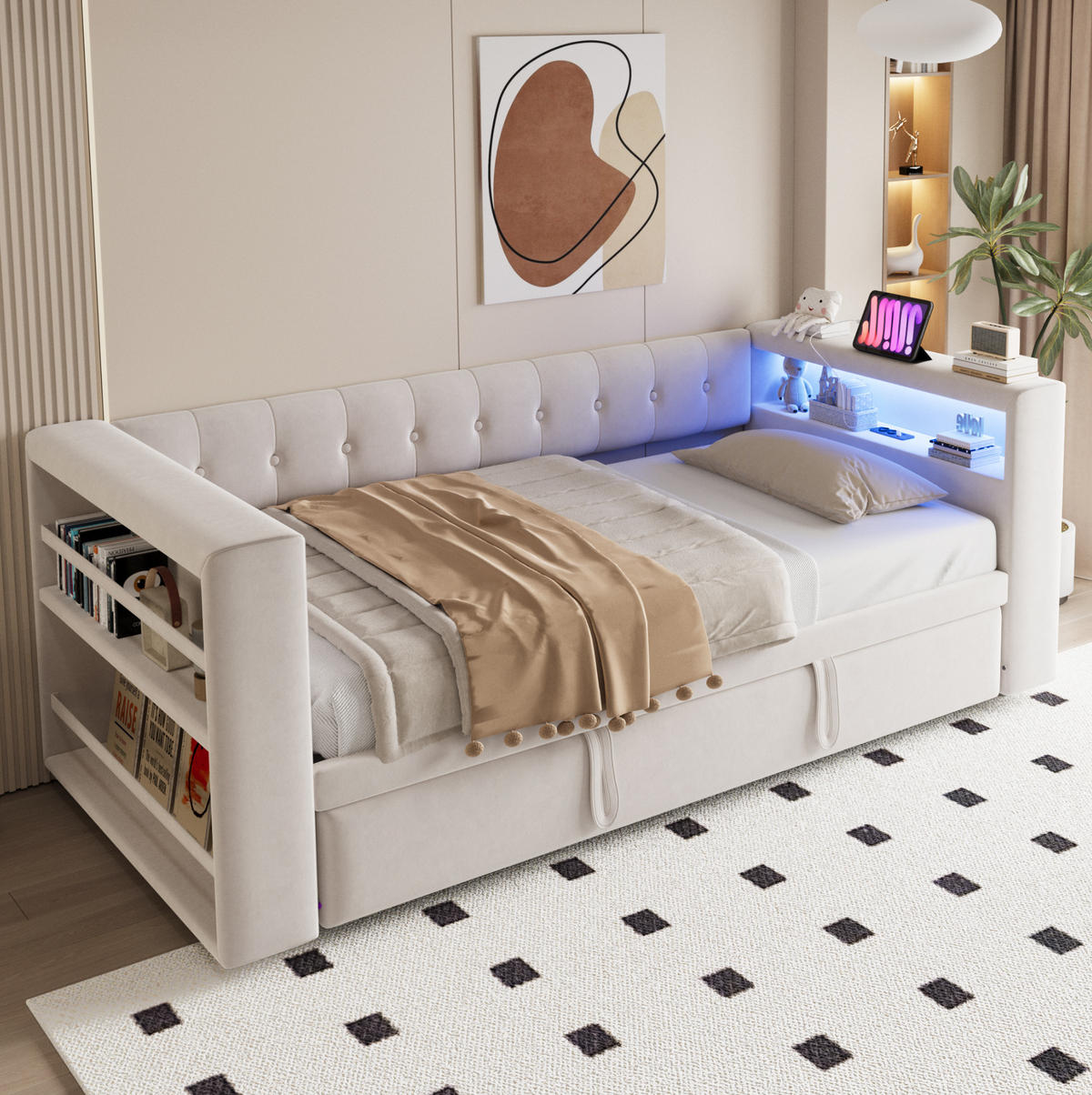POLSTERBETT 90/180/190 cm Beige aus Flannelette mit LED-Beleuchtung und Steckdosen - Beige, Textil (90/200cm) - OKMYHOME