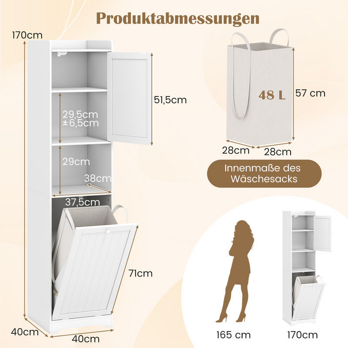BADEZIMMER-HOCHSCHRANK mit Wäschekorb weiß - Weiß, Holzwerkstoff (40/170/40cm) - COSTWAY