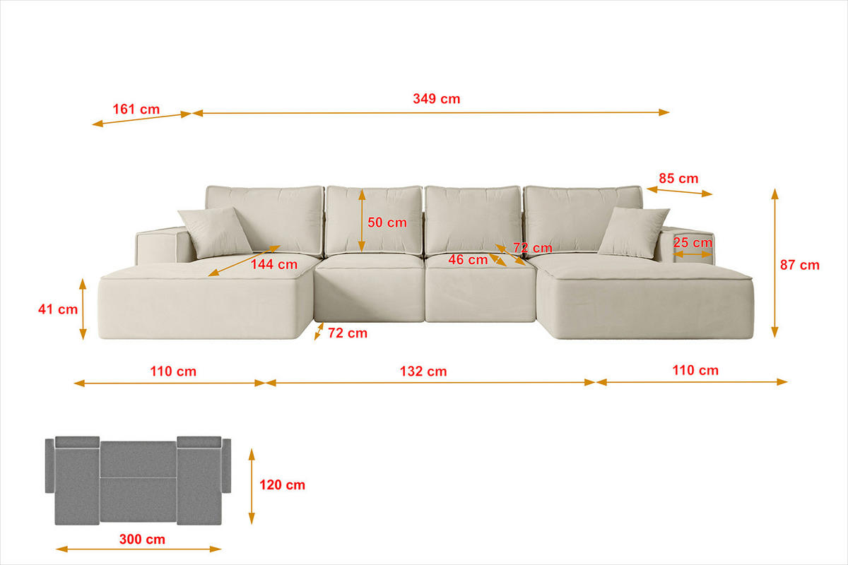 WOHNLANDSCHAFT mit Schlaffunktion und Bettkasten SIERRA-U-S - 349x161x87 cm Beige Velours - Beige/Schwarz, Holzwerkstoff/Kunststoff (349/87/161cm) - ALTDECOR