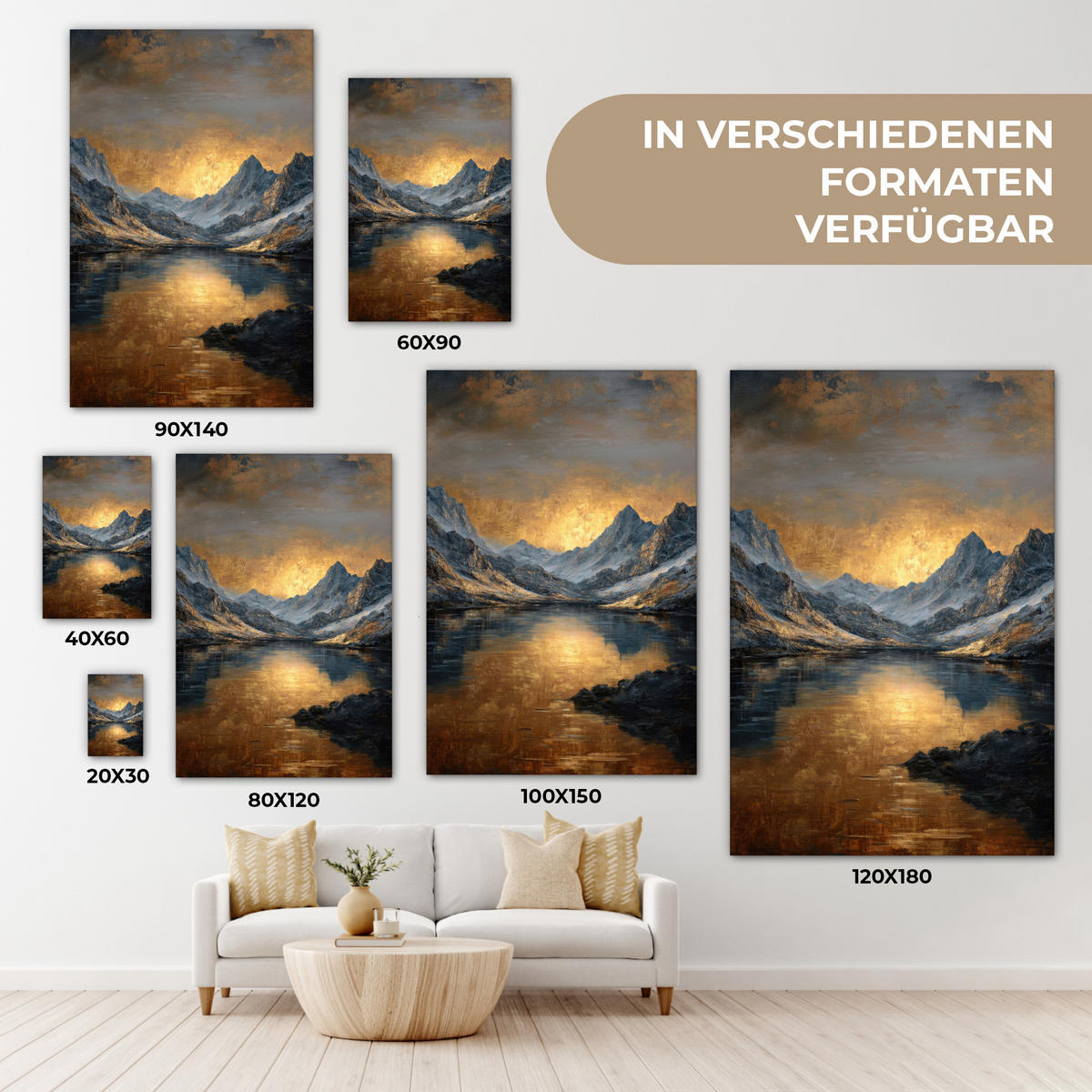LEINWANDBILD Bergkulisse mit goldenem Sonnenuntergang Deko Groß 90x140 cm - Goldfarben, Textil (90/140cm) - MuchoWow