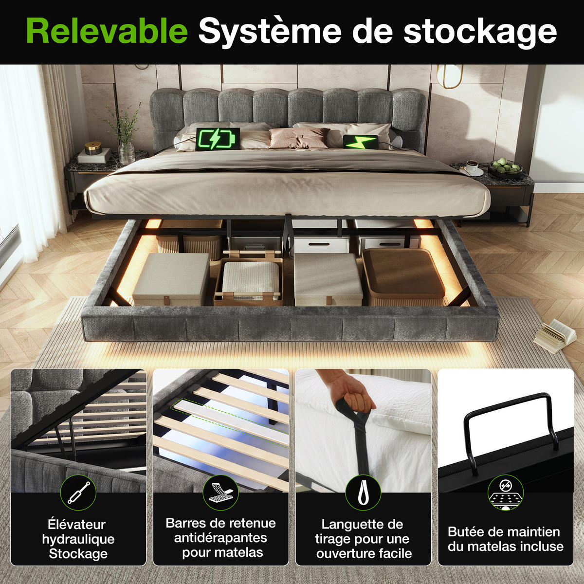ČALÚNENÁ POSTEĽ 180 × 200 cm v sivej farbe s úložným priestorom, LED osvetlením a USB, zo ženilky - čierna/sivá, kov/kompozitné drevo (180/200cm) - CHICFURN