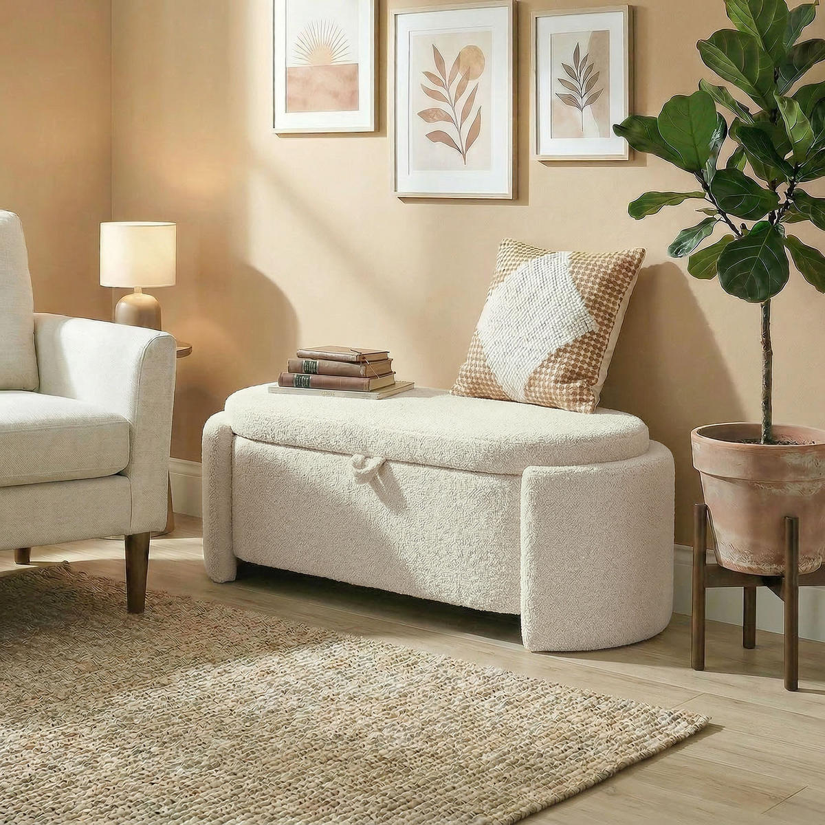 TRUHENBANK DE-16459 oval mit Teddyfell-Bezug und Stauraum Creme - Creme, Textil (129/44/48.5cm) - ComfortXL