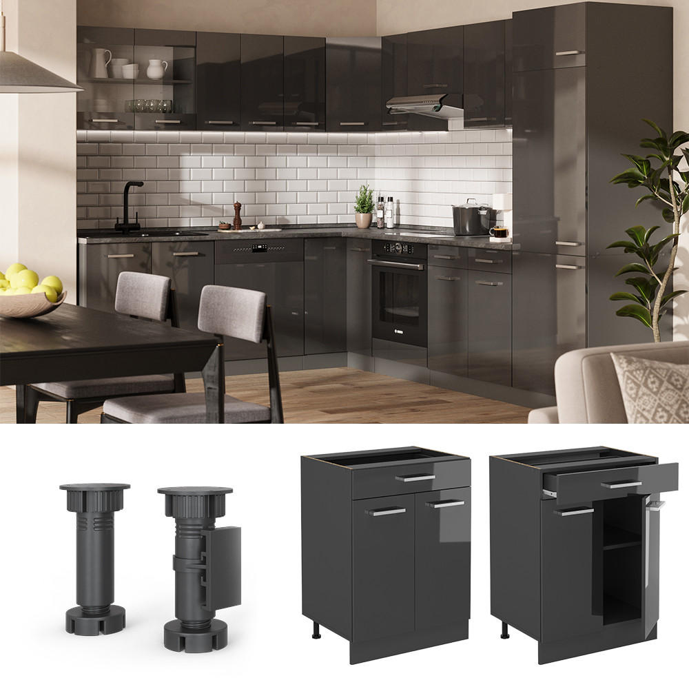 KÜCHENUNTERSCHRANK R-Line Anthrazit Hochglanz 60 cm , AP Eiche - Schwarz Hochglanz/Anthrazit, Holzwerkstoff (60/81.6/60cm) - Vicco