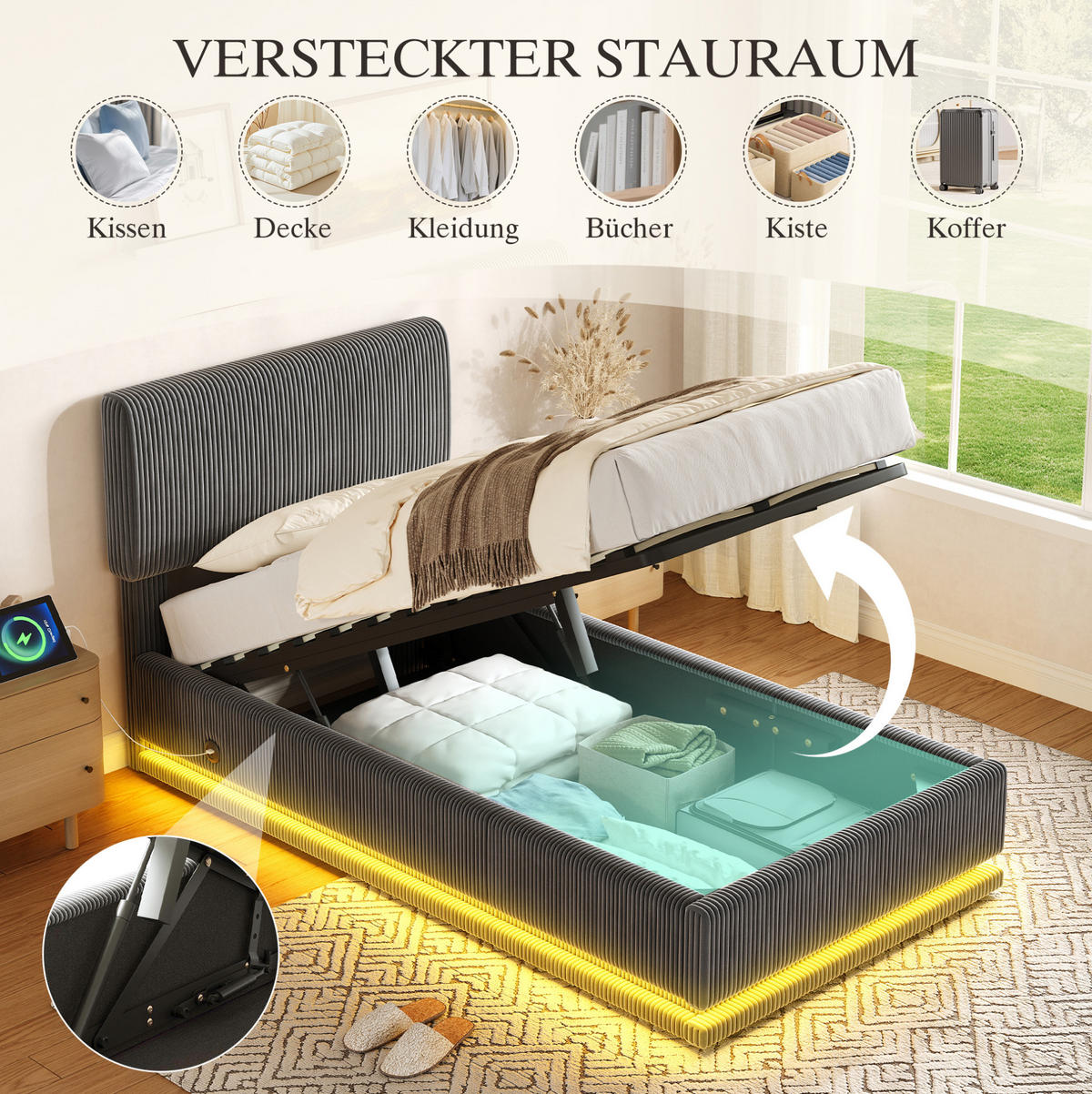 POLSTERBETT mit LED, USB-C und Stauraum 90x200 cm Cord Dunkelgrau - Dunkelgrau, Metall (90/200cm) - Meubliv