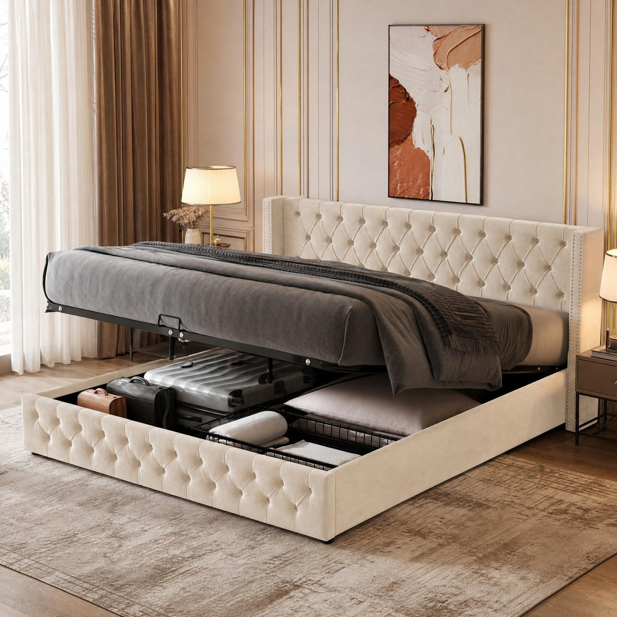 POLSTERBETT 140/190 cm Beige aus Samt mit Stauraum und Chesterfield-Steppung - Beige, Textil (140/190cm) - Flora Grace