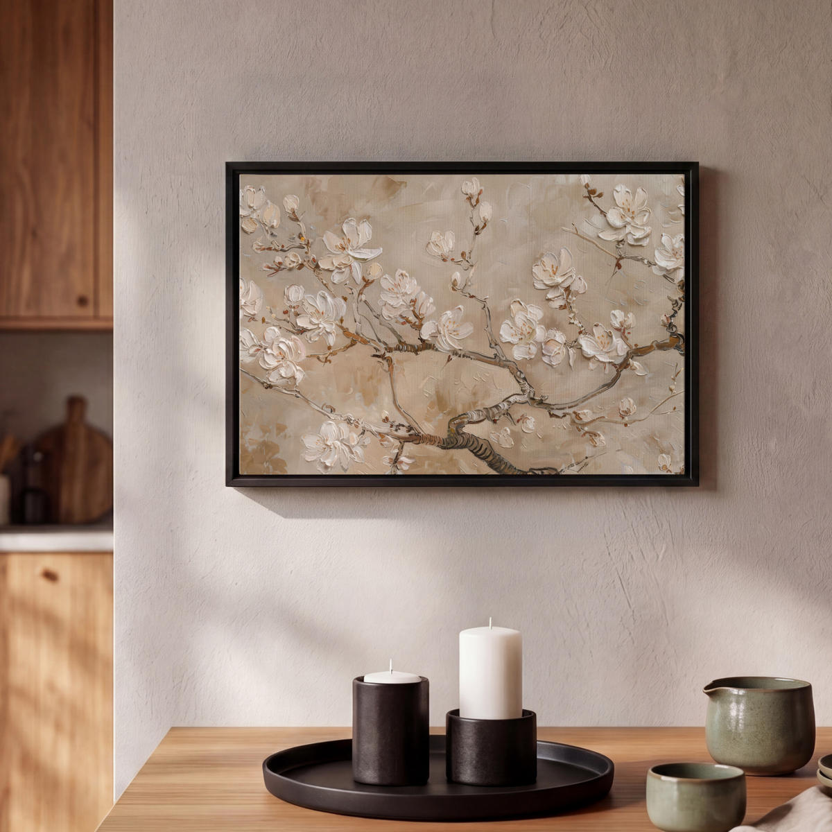 LEINWAND Bilder mit Rahmen - Blumen - Modern - Beige - Weiß - Blüte - 30x20 - Beige, Textil (30/20cm) - MuchoWow