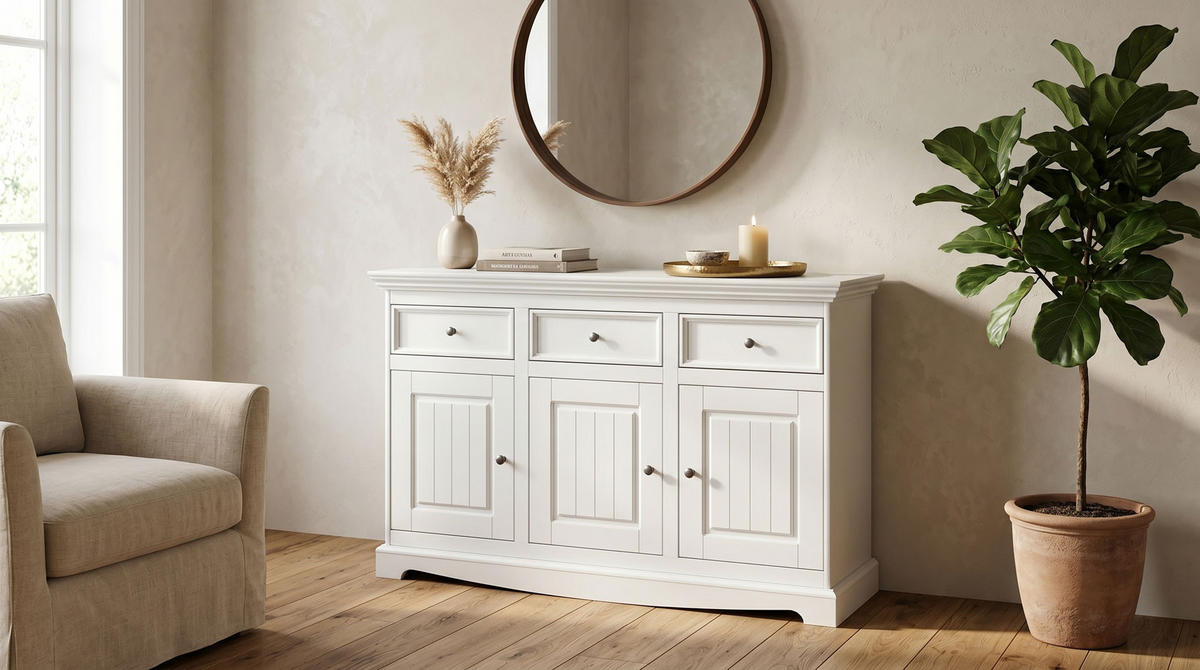 KOMMODE Belluno Elegante Kiefer weiß (RAL9010) lackiert 130 / 45 / 85cm - Weiß, Holz/Metall (130/85/45cm) - Feldmann-Wohnen