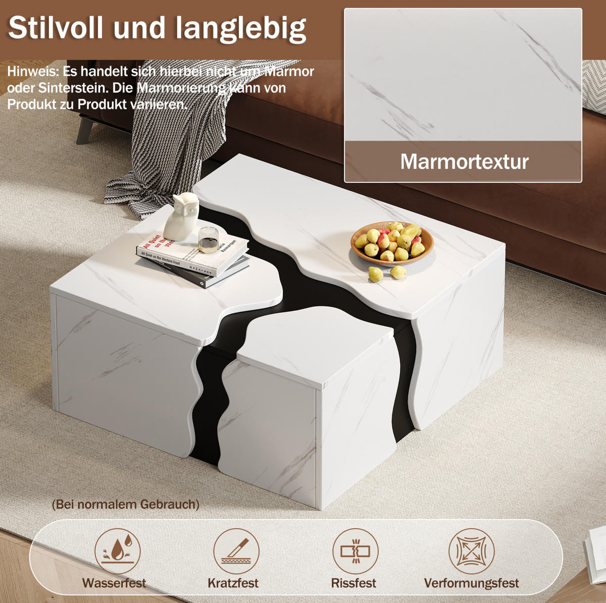 COUCHTISCH 70/70/31 cm weiß aus Spanplatte mit Schublade in Marmoroptik - Weiß, Holzwerkstoff (70/70/31cm) - OKMYHOME