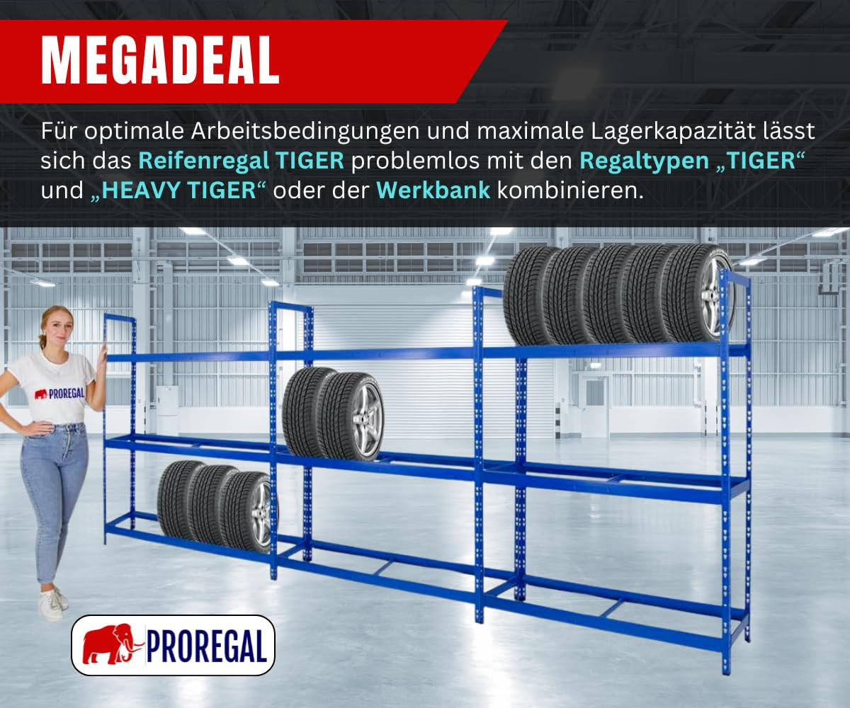 REIFENREGAL Tiger XL 200x180x45 cm 300 kg Fachlast bis zu 21 Reifen auf 3 Ebenen Blau - Blau, Metall (180/200/45cm) - PROREGAL