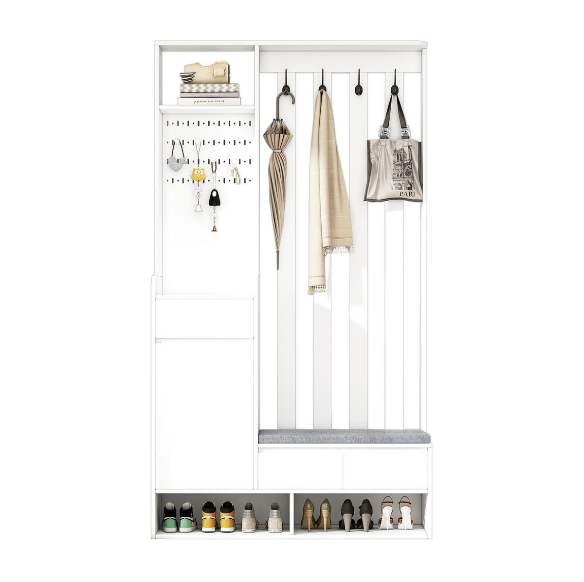 FLURGARDEROBE 35/100/180 cm mit Sitzbank, Stecktafel, Schublade und 4 Haken, Weiß - Weiß, Holzwerkstoff (100/180/35cm) - Redom