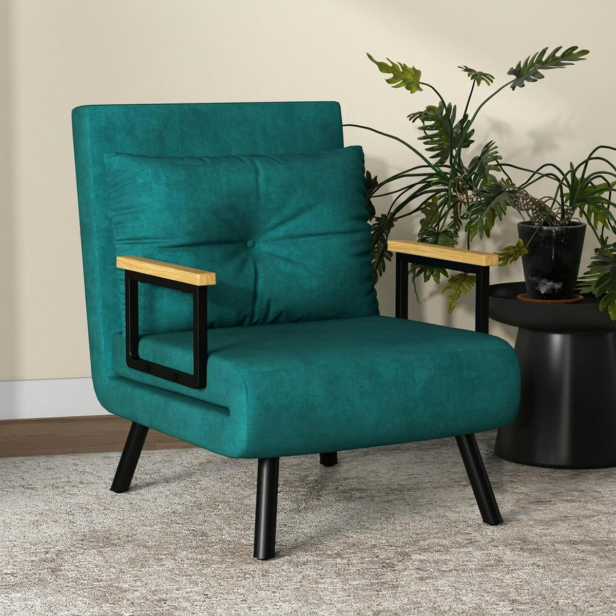 SCHLAFSESSEL, Einzelsofa mit Bettfunktion, Relaxsessel mit Rückenkissen Grün - Schwarz/Naturfarben, Holz/Textil (73/81/63cm) - HOMCOM