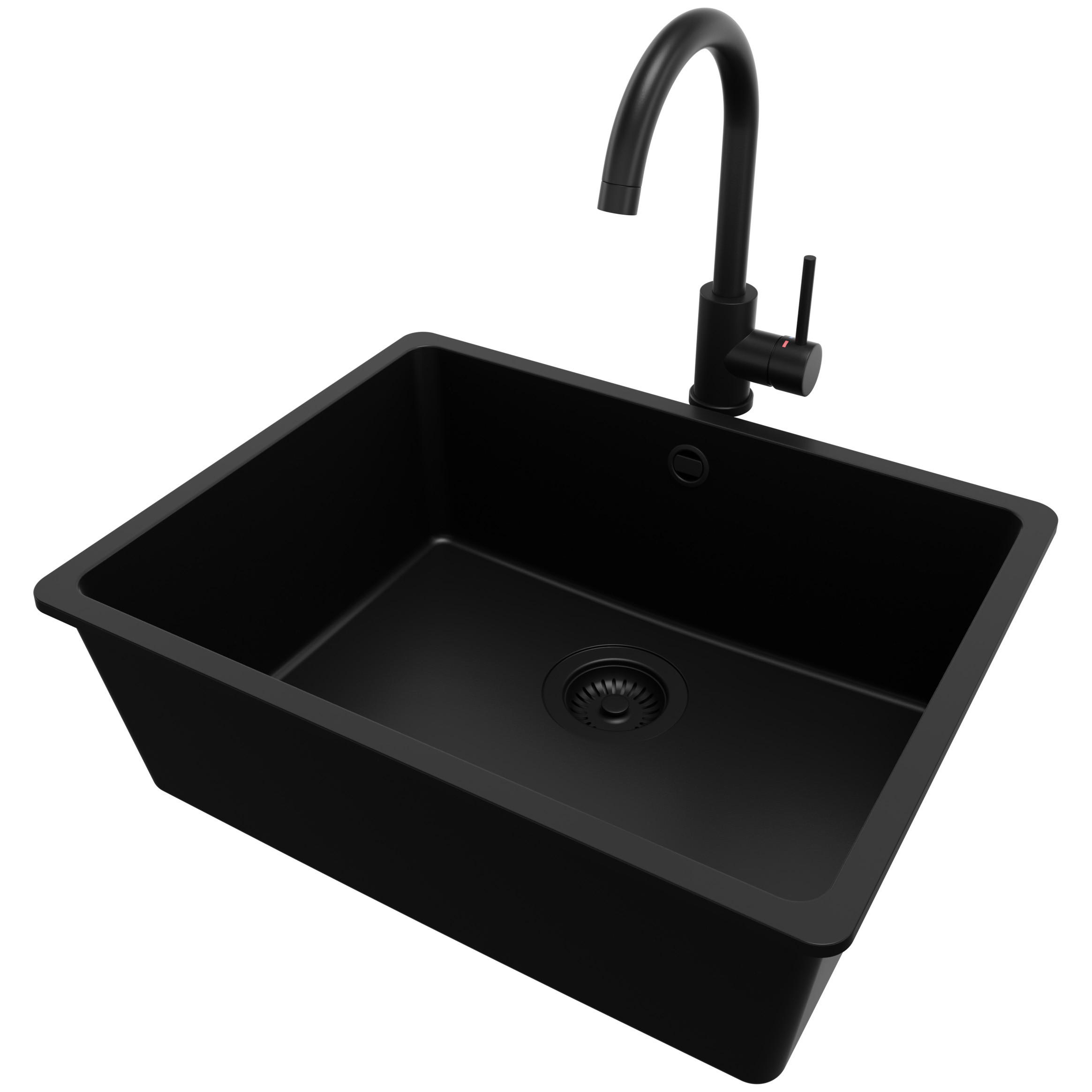 GRANITSPÜLE Venedig Slim Easy, 2-er set Alles Schwarz 56/44 cm 1 Becken + Küchenarmatur 32/20 cm + Ablauf-Set ab 60er Unterschrank - Schwarz, Kunststoff (56/20/44cm) - Primagran