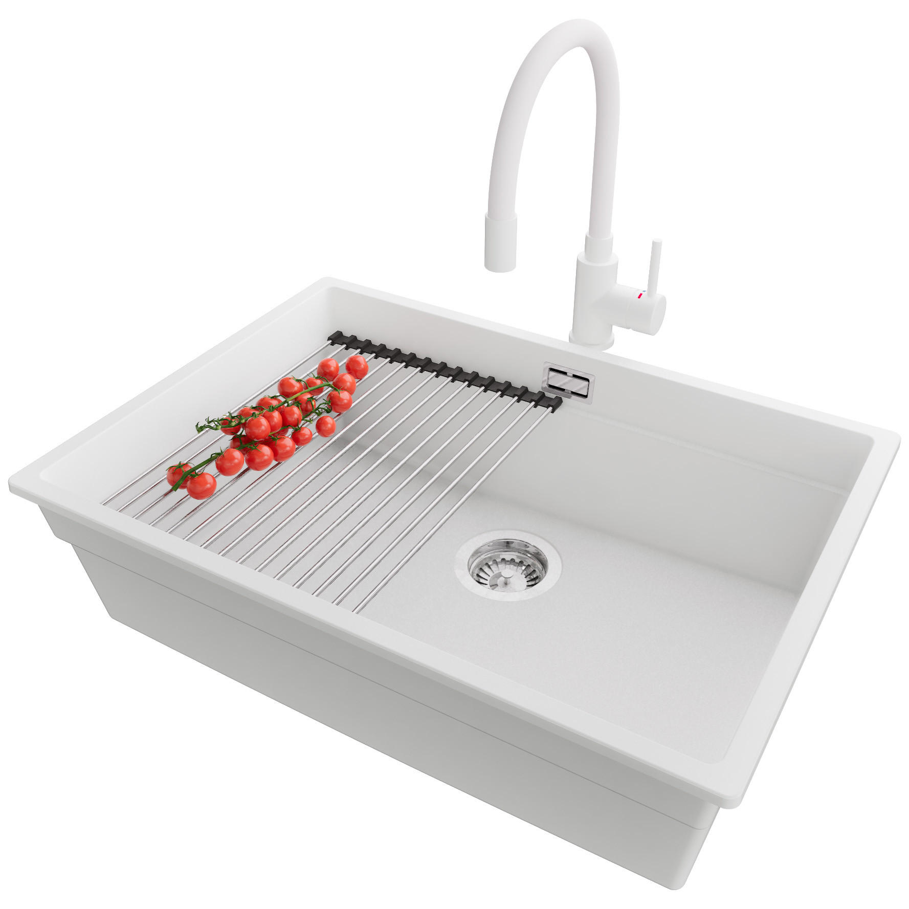 GRANITSPÜLE Praga Slim, 2-er set Weiß 66/47 cm 1 Becken + Küchenarmatur 38/14 cm + Ablauf-Set + Aufrollbare Abtropffläche ab 70er Unterschrank - Chromfarben/Weiß, Kunststoff (66/20/47cm) - Primagran