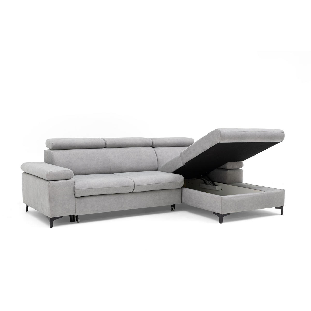 ECKSOFA MAVIC L Rechts mit Schlaffunktion Velours Hellgrau - Hellgrau/Schwarz, Glas/Holz (257/176cm) - Muffo